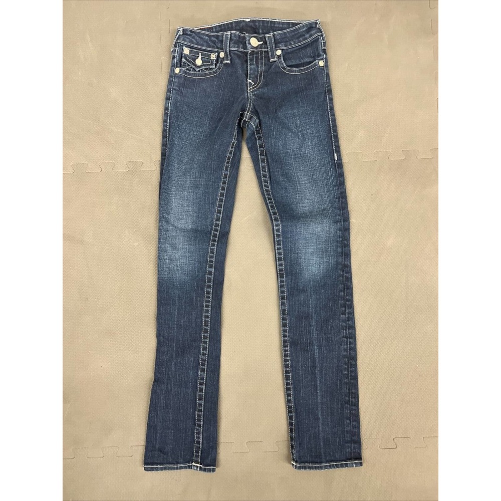 TRUE RELIGION DARK WASH STRETCH STRAIGHT LEG SNAP POCKET GIRLS FLAP JEANS Sz 14